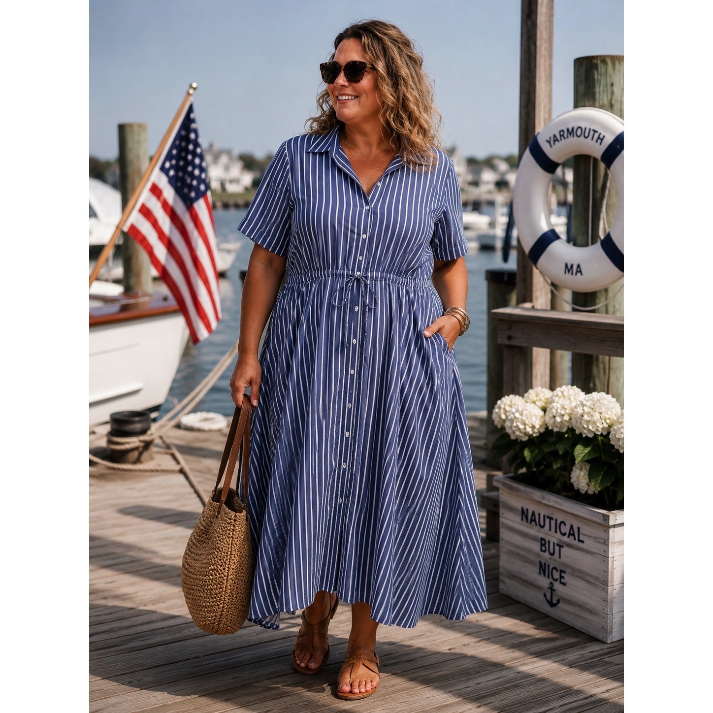 J.Crew Cerise Striped Maxi Shirt Dress Blue White Drawstring Waist Coastal 18